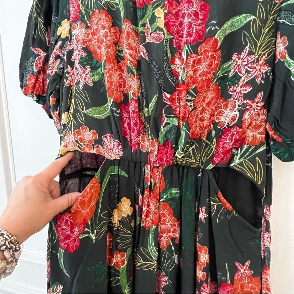 Walter Baker Wanita Rain Forest Green Floral Puff Sleeve Midi Dress Size XL NWT - Picture 5 of 12